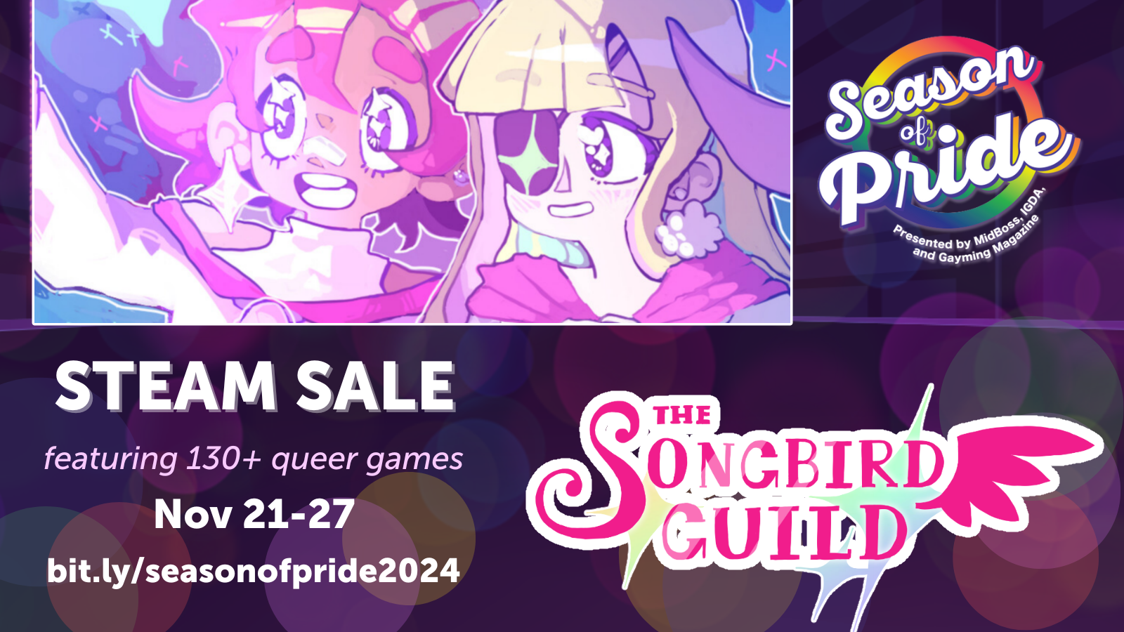 A promotional graphic of The Songbird Guild for the Seasons of Pride Steam sale.