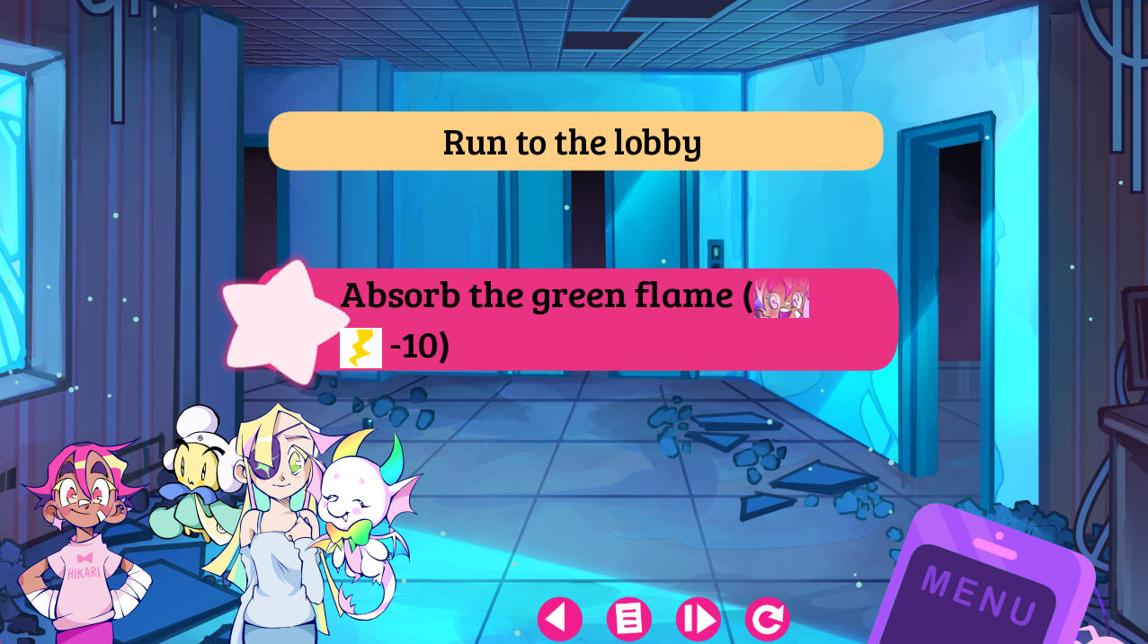 A screenshot from "The Songbird Guild" featuring four characters in the bottom left corner (Kotori, Brie, Kaida and Gigi). There are two choices available on screen: Run to the lobby or Absorb the green flame (which takes -10 stamina from Kotori)