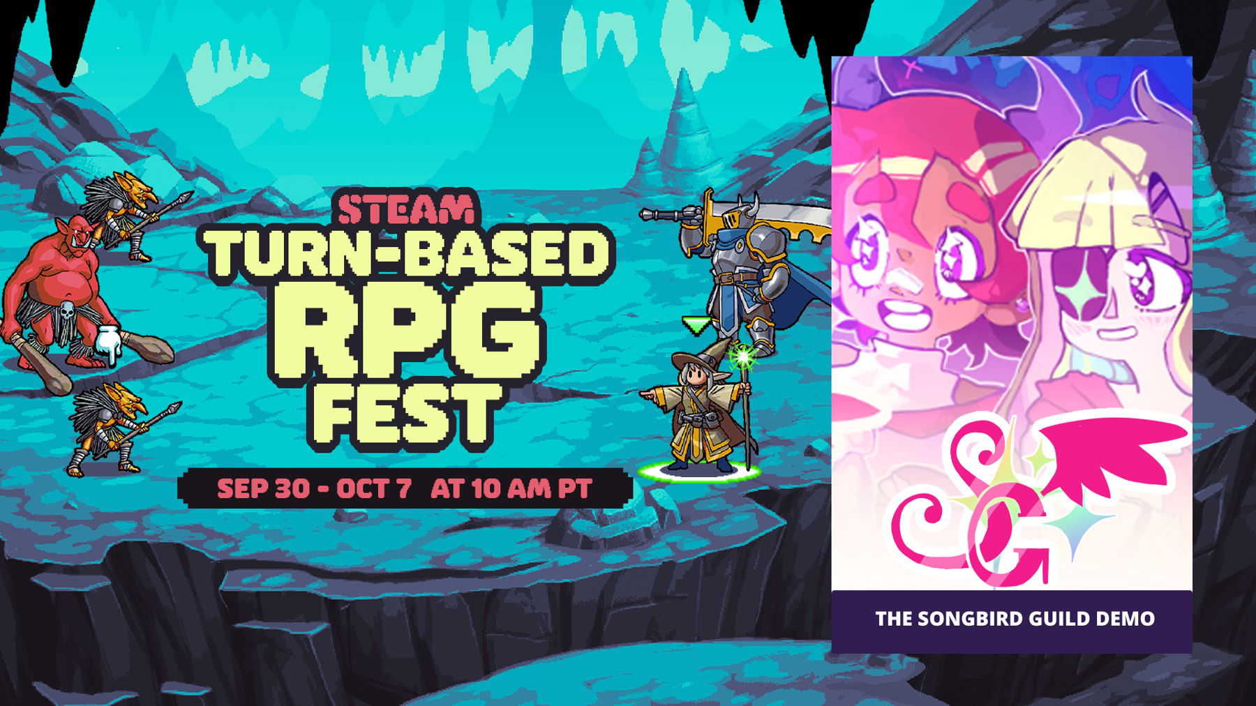 An announcement graphic for Steam’s Turn-Based RPG Fest from Sep 30 to Oct 7 at 10 AM PT. It also shows promotional art for the game The Songbird Guild, with text that reads “The Songbird Guild Demo”.