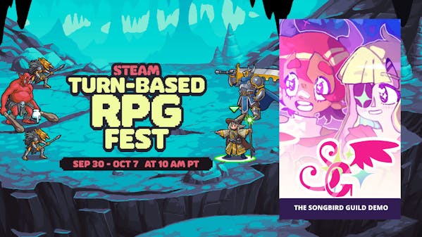 An announcement graphic for Steam’s Turn-Based RPG Fest from Sep 30 to Oct 7 at 10 AM PT. It also shows promotional art for the game The Songbird Guild, with text that reads “The Songbird Guild Demo”.