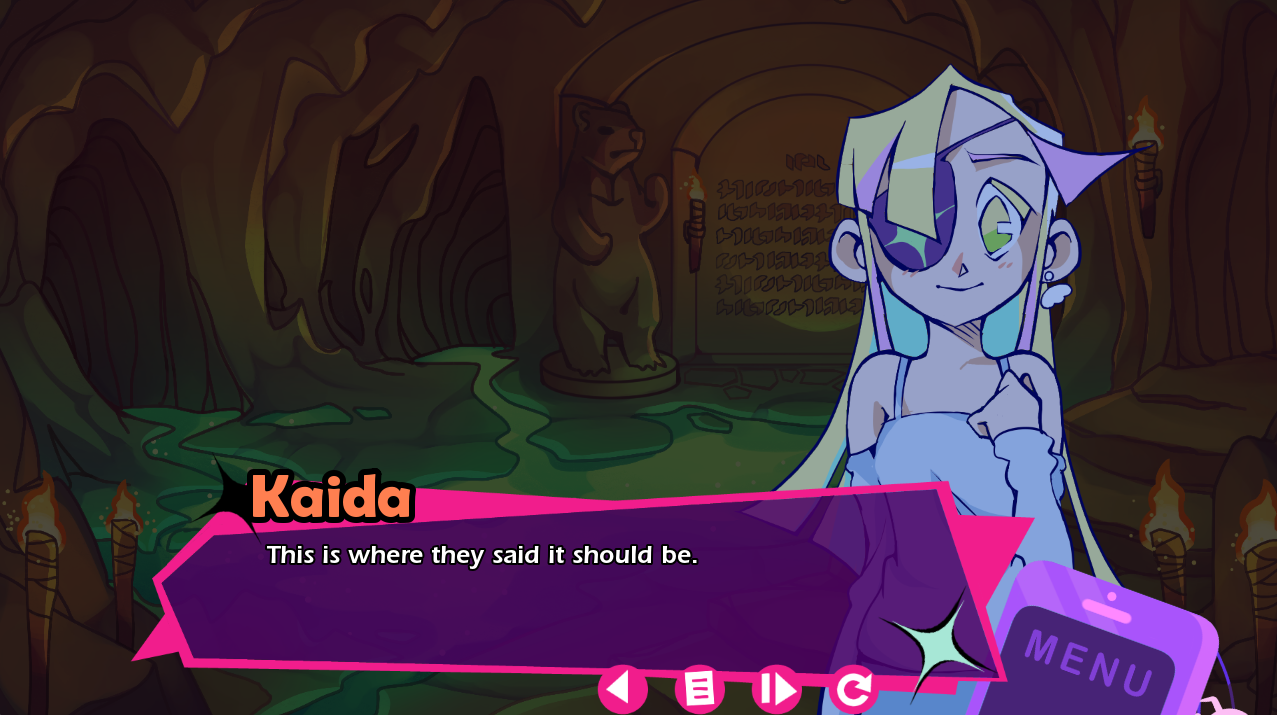 A screenshot from the game The Songbird Guild which shows the character Kaida inside of a cave with pillars shaped as bears. Text shows that she is saying “This is where they said it should be.”