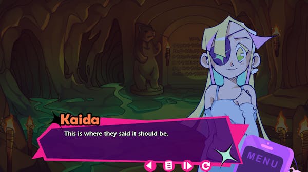 A screenshot from the game The Songbird Guild which shows the character Kaida inside of a cave with pillars shaped as bears. Text shows that she is saying “This is where they said it should be.”