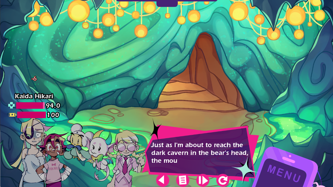 A screenshot from the game The Songbird Guild, showing five characters in a whimsical cave environment.