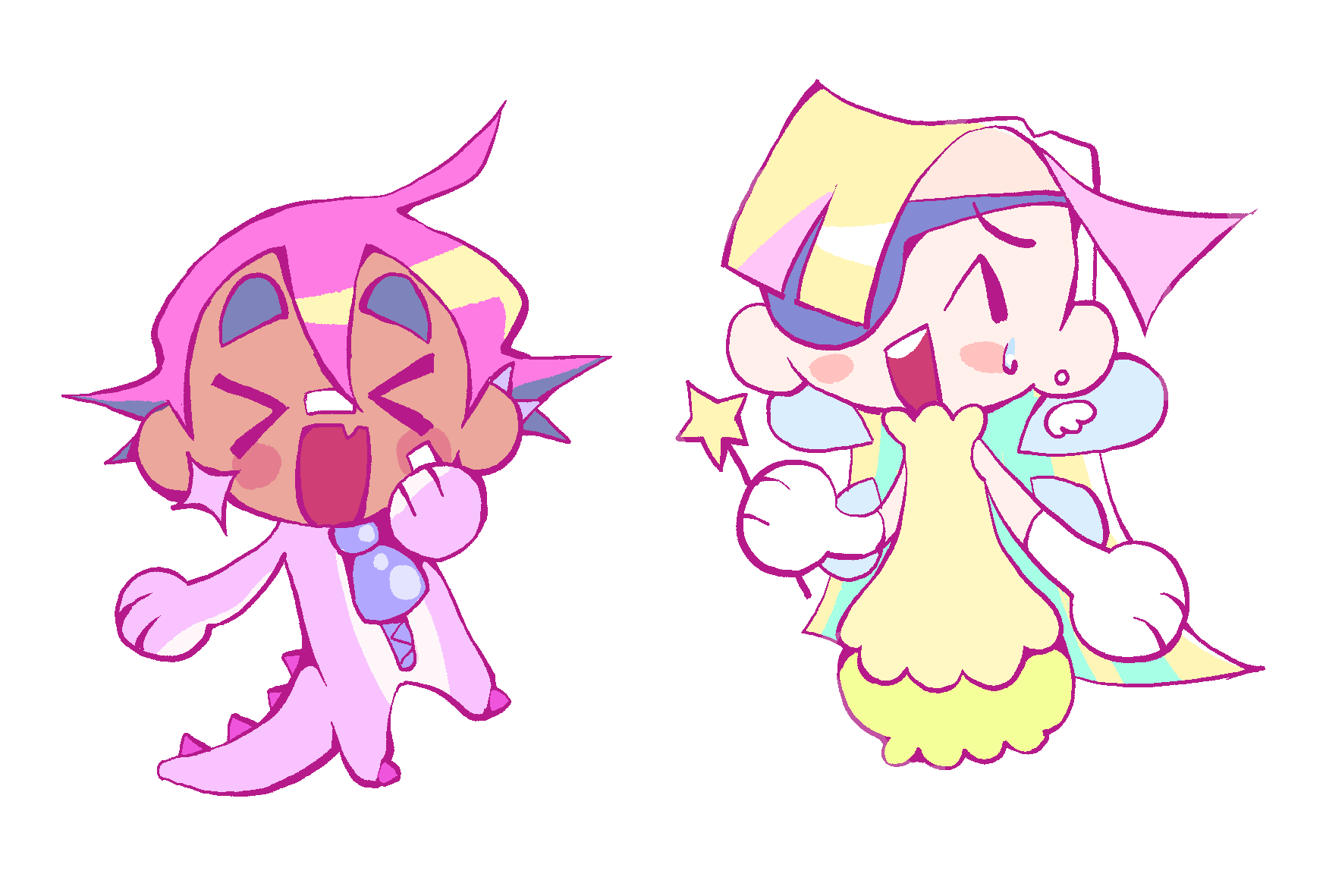 Kotori and Kaida from The Songbird guild dressed with costumes. Kotori has a dinosaur onesie on and Kaida is dressed as a fairy.