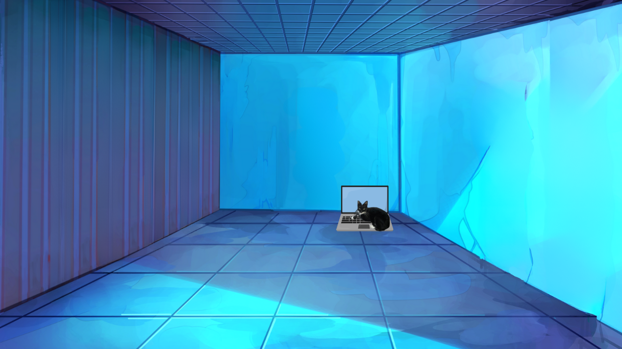 A cat on a laptop in an anime room.