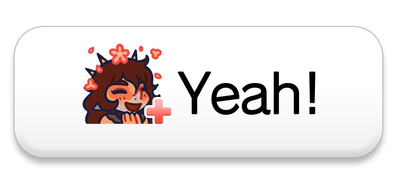 Reaction image of chibi Rosa, a light brown aquilops with long brown hair, smiling widely with small pink flowers around her head. A small pink gradient plus sign is next to her. Text to her right reads: Yeah!