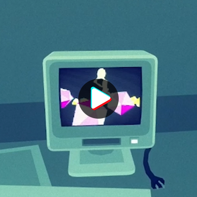 Screenshot from Depanneur Nocturne. There is an unplugged PC playing an image of a pale humanoid figure dancing among multicolored shapes.