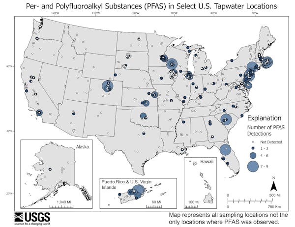 Map Showing Locations and Levels of PFAS in Tapwater Locations