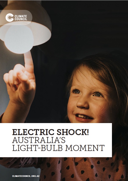 Young child pointing towards a light bulb. Text reads Electric Shock! Australia's Light-bulb Moment.Email Image