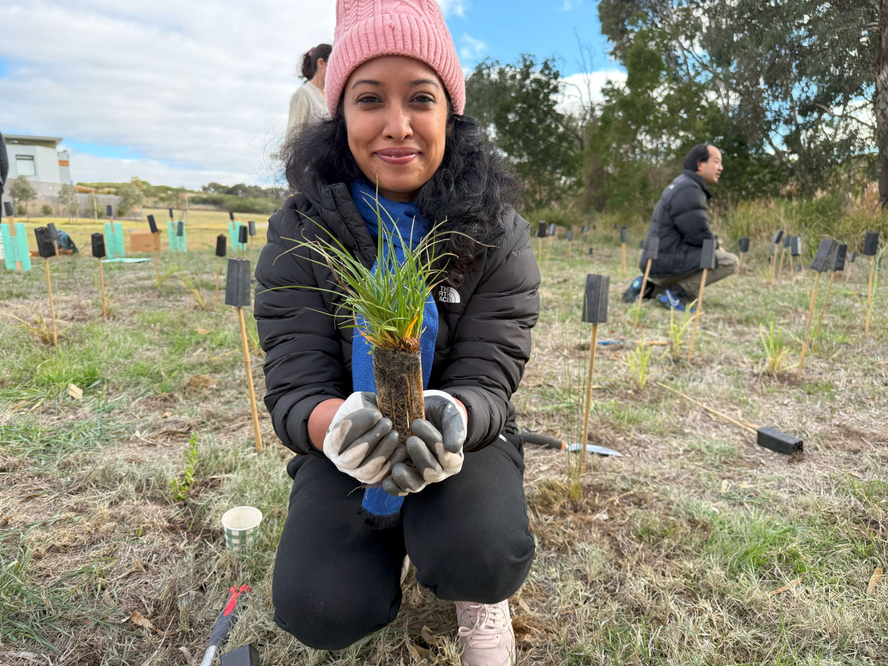 pic of person holding plant and people planting behind next to trees