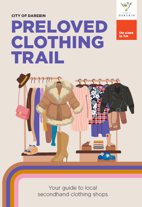Graphic image with words Preloved Clothing Trail - Your guide to secondhand clothing shops' and image of a two racks of seondhand and vintage clothings, shows and acessories 