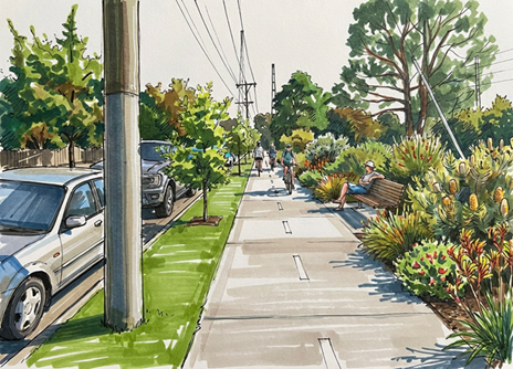 Artist's depiction of the proposed improvements showing a shared path with people walking and riding, plants and a person lounging on a seat.