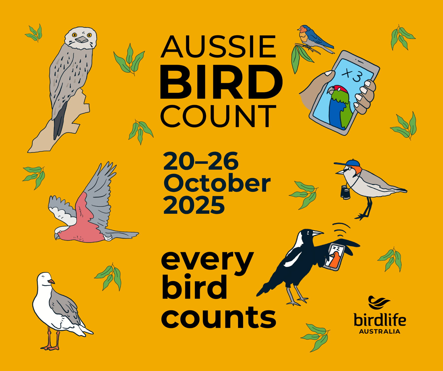 Graphic image with the words Aussie Bird Count 20-26 October 2025 Every Bird Counts
