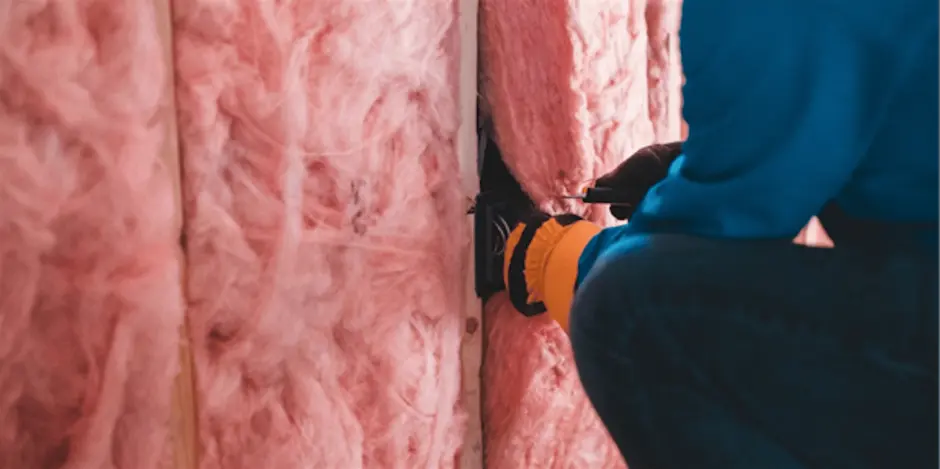A person installing wall insulation
