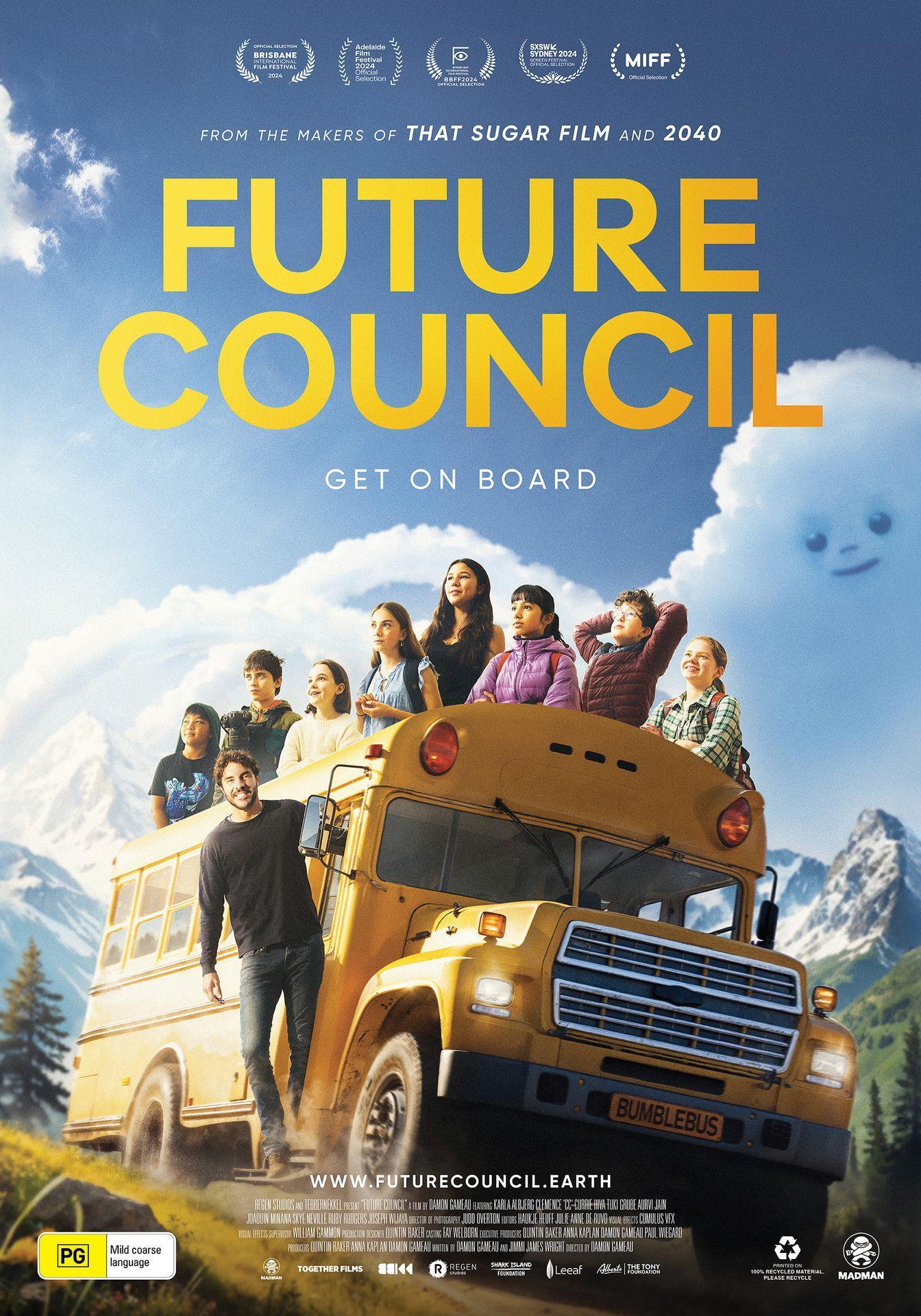 Picture of Damon Gameau on a yellow school bus with a group of students and the words Future Council