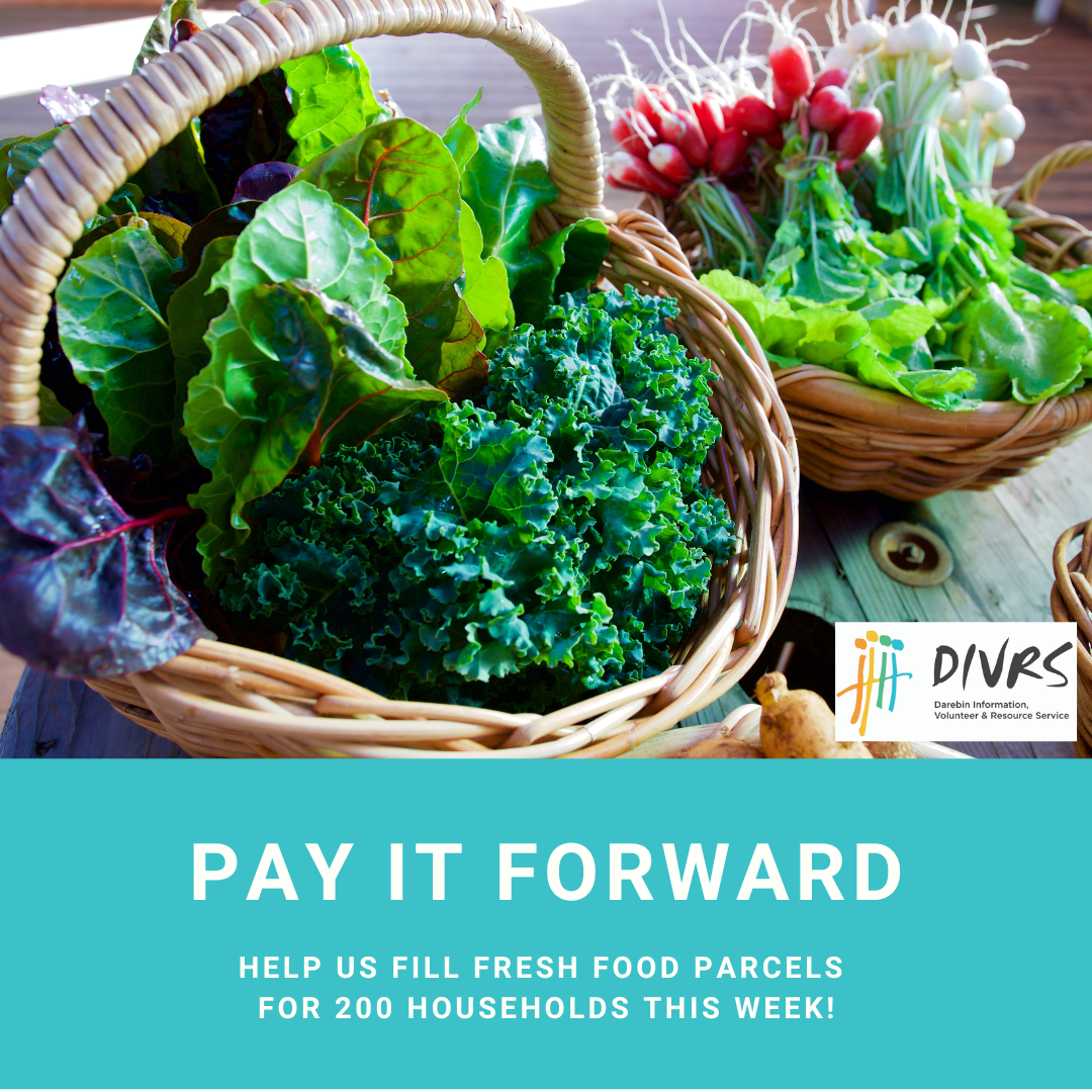 Image of a wicker basket containing lettuce, kale, radishes, onions and rainbow chard. Text at the bottoms says 'Pay it Forward. Help us Fill Fresh Food parcels for 200 households this week. 