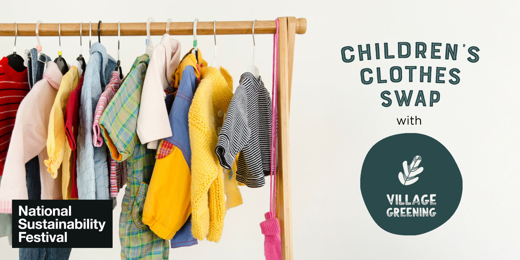 Children's clothese hanging on coathangers on a clothing rack. Text reads Children's clothes swap with Village Greening