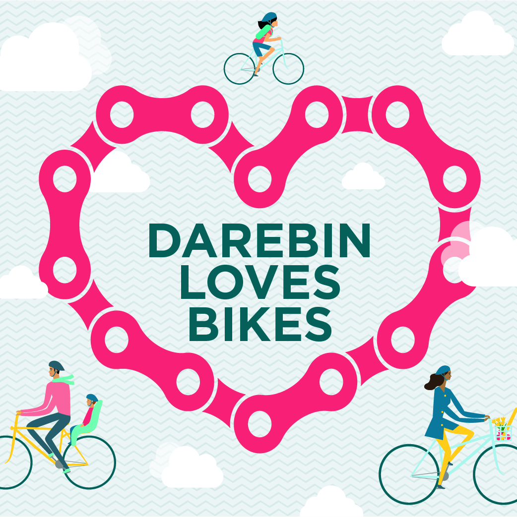 Graphic image of a bike chain in the shape of a heart with the words Darebin Loves Bikes inside and 3 people riding bicycles