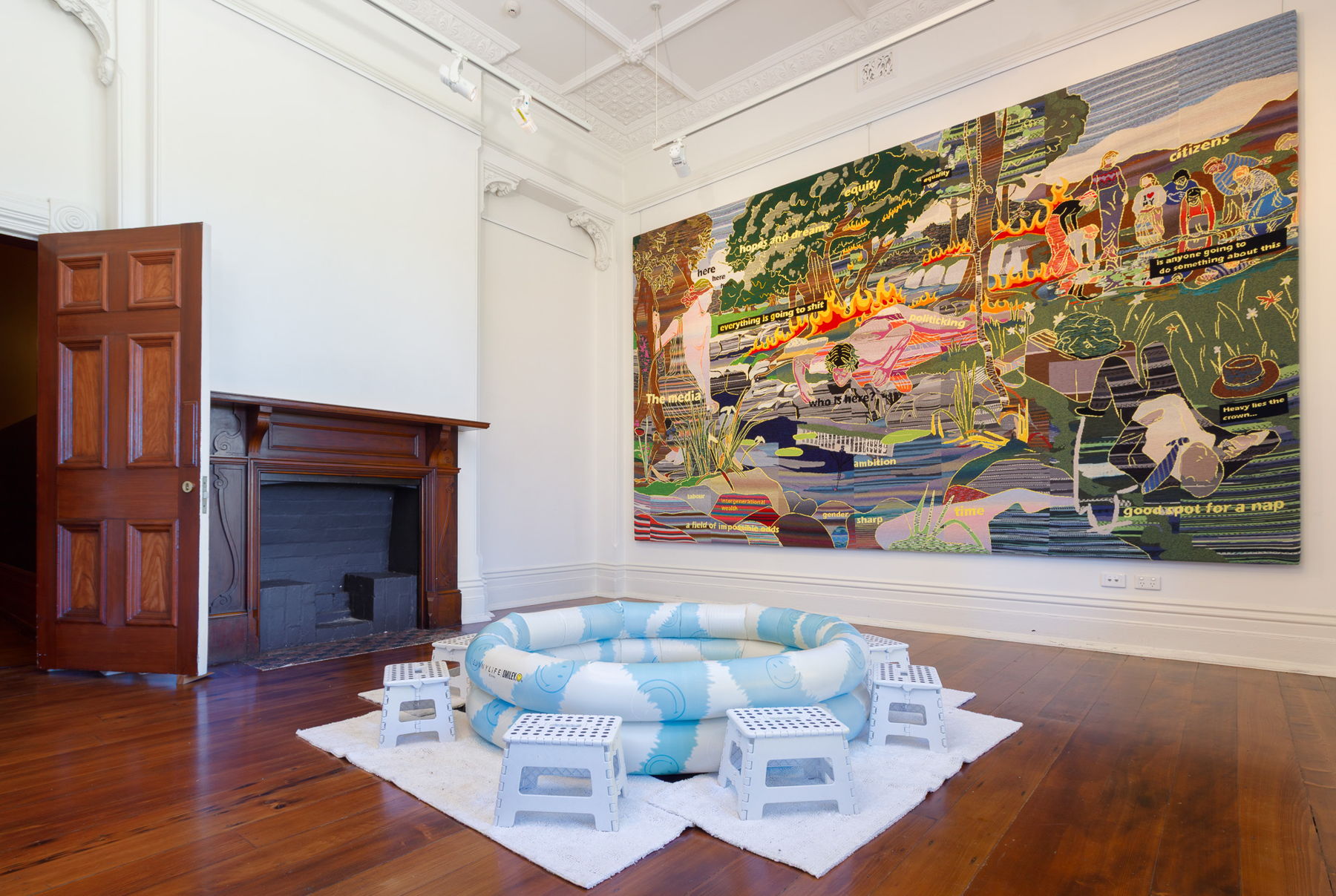 Rest time (install view) 2026. Left- Dhana Merritt. SOAK (install view) 2025. Right- Emma Buswell. The Pool (detail) 2024. Photo: James Henry. 