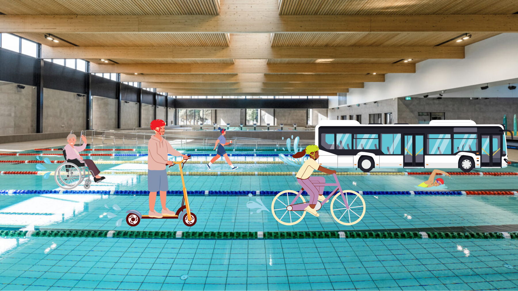 Girl standing next to a bright pink kids bike which is on a stand for servicing, with mural in background and bunting