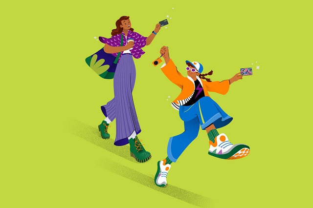 Graphic image of two young people in bright clothes walking with mykis in hand