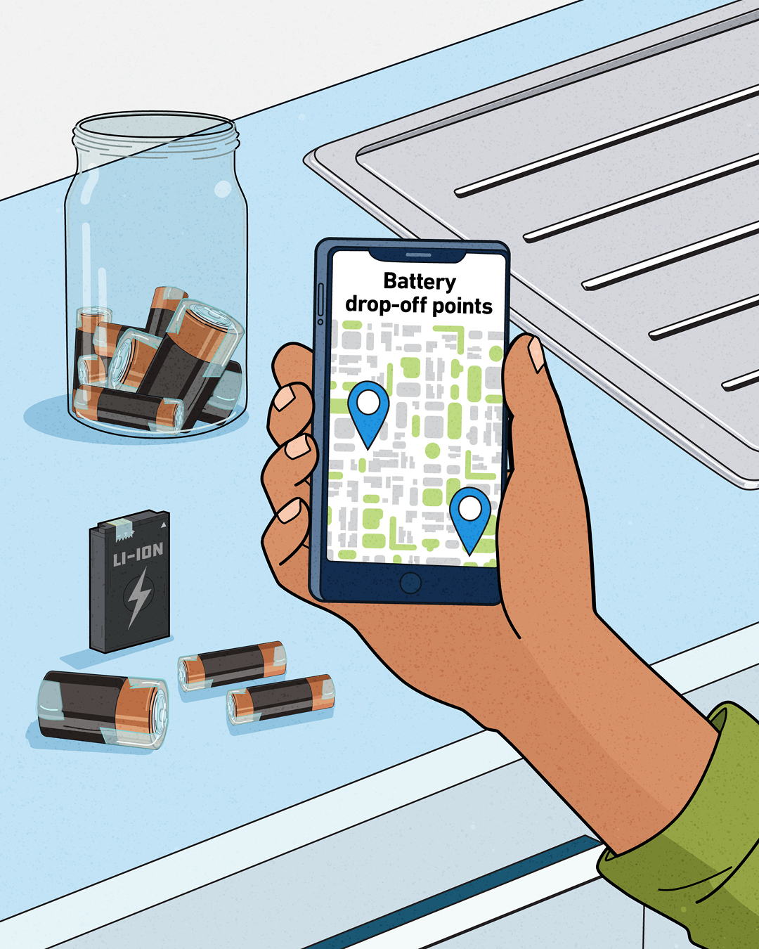 Graphic image of a hand holding a phone with a map showing battery drop-off points