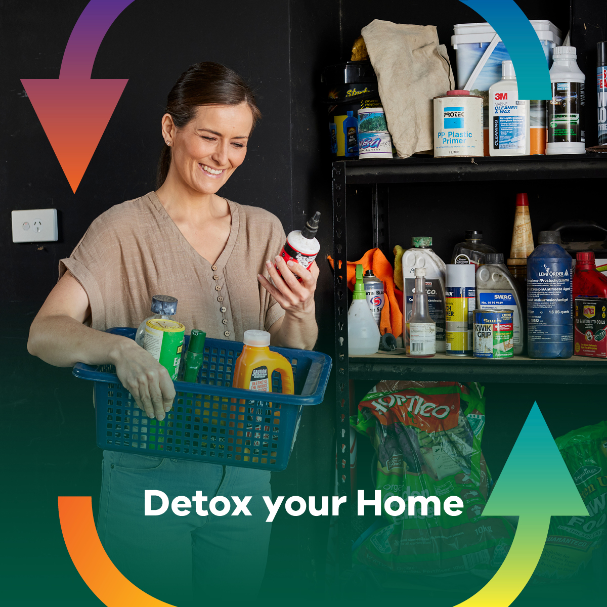 Person holding a basket of home chemicals and looking at the labels