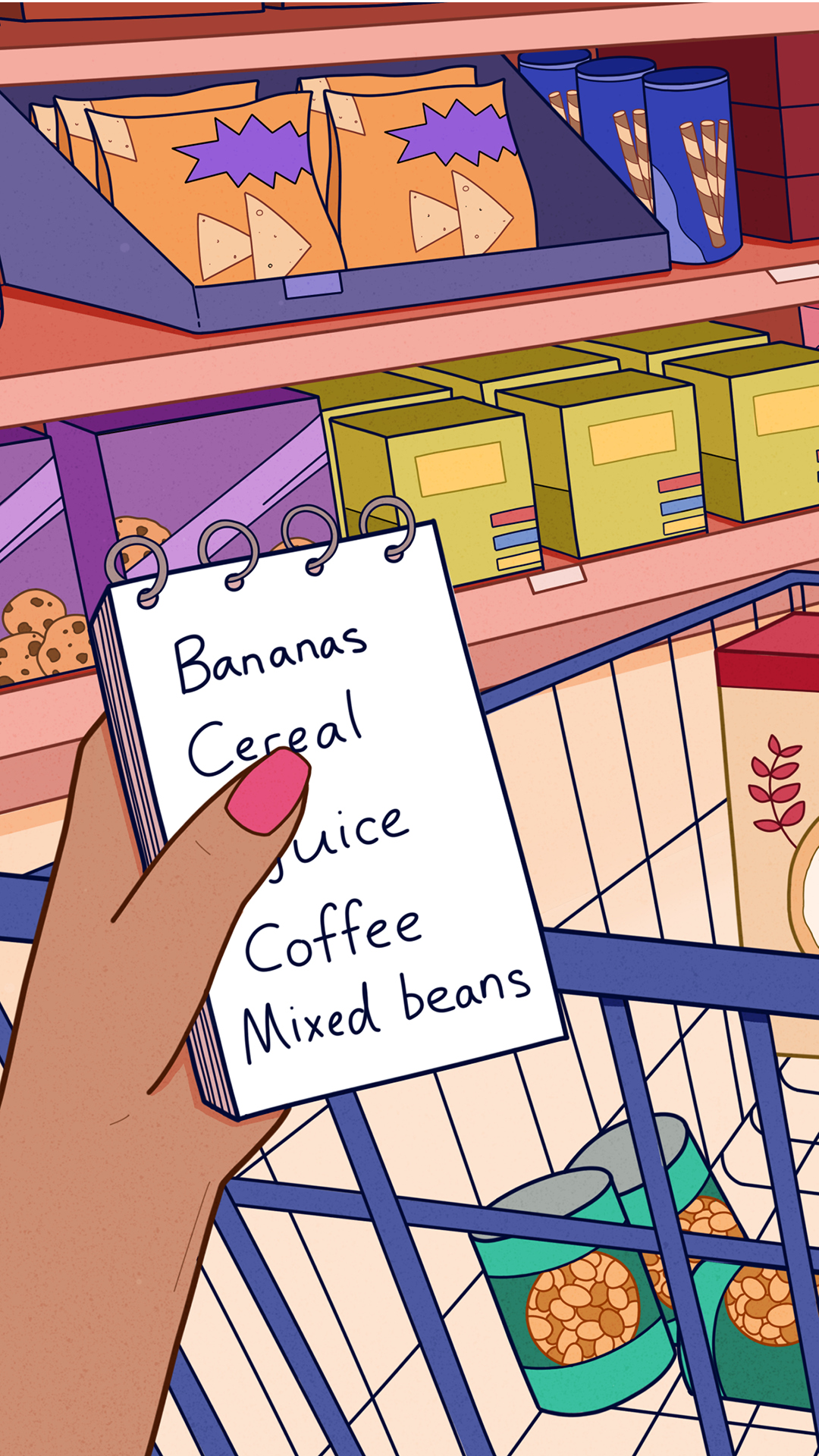 Graphic image of a hand holding a shopping list in a supermarket