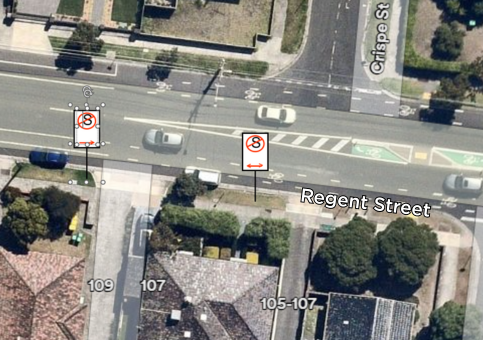 Satellite image of Regent St in Reservoir showing the location of the two new 'no stopping' signs 