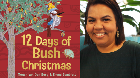 Photo of Emma Bamblett next to book cover 12 Days of Bush Christmas