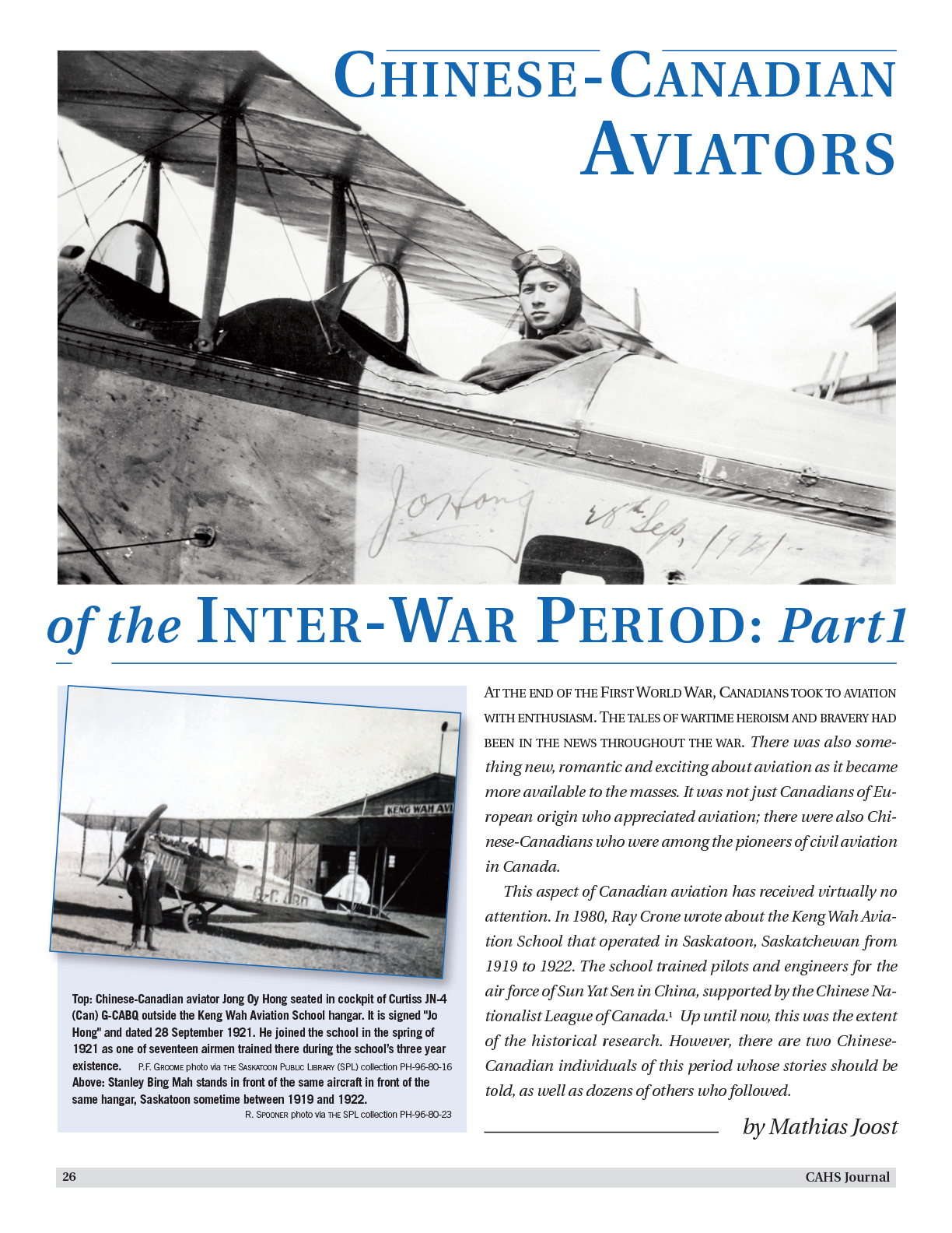 CAHS Journal Volume 59 Number 1 Chinese-Canadian Aviators article title page